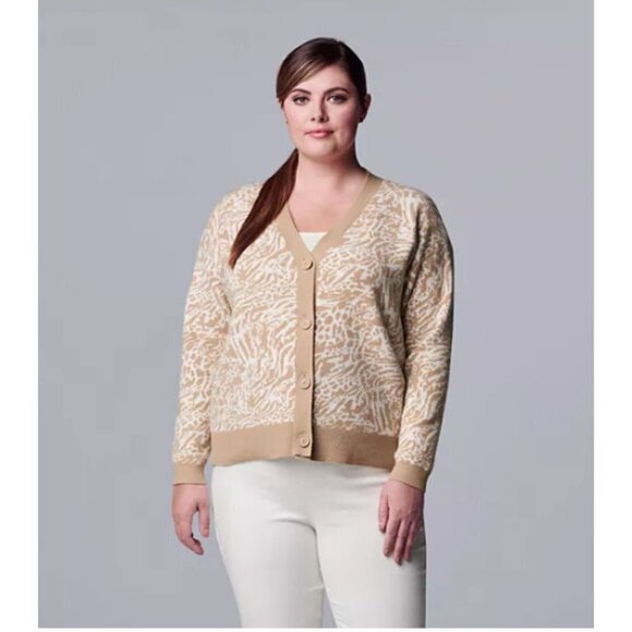 Simply Vera Wang Tan Animal Print Knit Cardigan Button Sweater Plus Sz XXL New - Picture 4 of 9